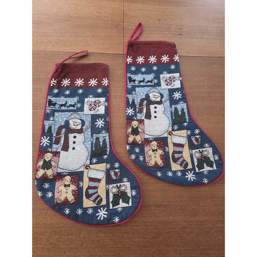 Pair Of Tapestry Snowman Gingerbread Man Christmas Stockings Snowflakes Crafty
